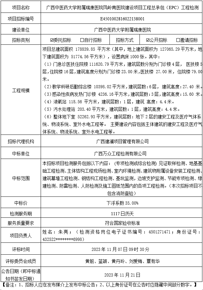 广西中医药大学附属瑞康医院凤岭南医院建设项目工程总承包（EPC）工程检测中标公告