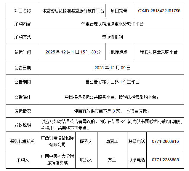 体重管理及精准减重服务软件平台（GXJD-2513422181795）结果公告